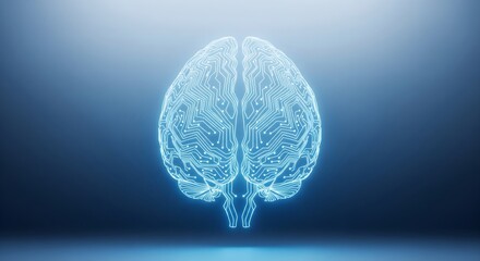 Digital human brain circuit glowing blue against a gradient background representing artificial intelligence, technology, and neuroscience concepts.