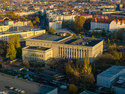 Aerial view of the brutalist Berghain nightclub contrasting against the soft hues of the urban landscape, Berlin, Berlin, Germany.