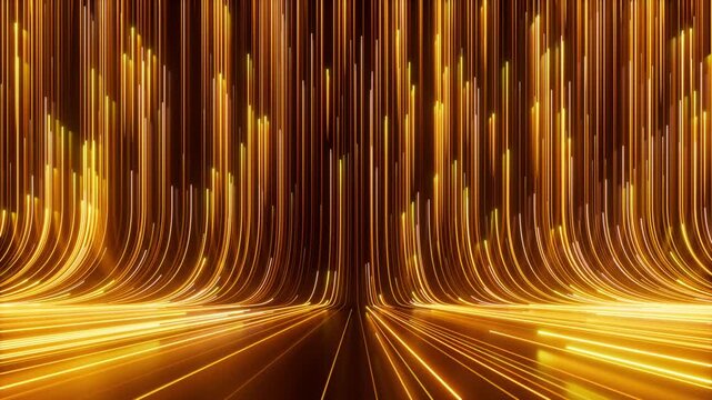looping 3d animation. Abstract neon background, golden yellow vertical lines, glowing trails, speed of light. Seamless loop motion