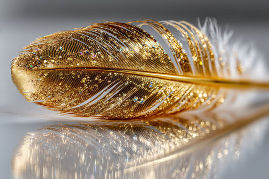 A single gold glitter feather on a reflective surface with a soft gray background - Powered by Adobe