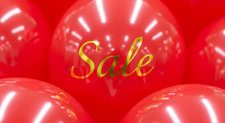 Red balloons with the word 'Sale' written in gold lettering reflect light.