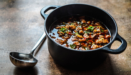 Hearty Stew in a Dutch Oven with a Ladle, a Delicious and Nourishing Meal