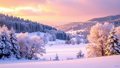 A serene winter landscape featuring snow-covered trees and rolling hills bathed in the warm glow of a sunset.