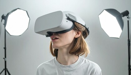 Young woman immersed in virtual reality, experiencing a futuristic digital world with focused expression and studio lighting.