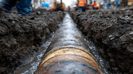 Underground pipeline construction with workers and muddy trench