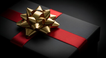 A black gift box is tied with a red ribbon and a gold bow on a dark background.