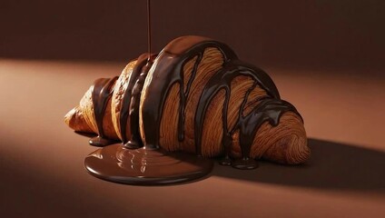 Croissant drizzled with chocolate creating an eye-catching and delicious image. The image is perfect for culinary and bakery content. 