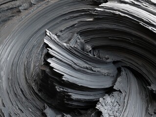 Thick, textured swirls of dark gray paste create a dynamic pattern resembling tree rings or waves, with a dense, creamy consistency and rich, swirling details and depth