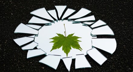 A vibrant green leaf reflects in broken mirror shards arranged in a circular pattern on a dark surface.