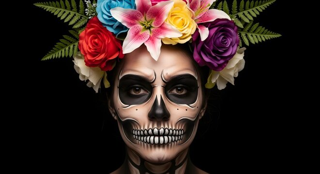 Woman with skull face paint and flower crown