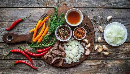 Exotic Culinary Fresh Ingredients for Spicy Stir-Fry Preparation on Wooden Board