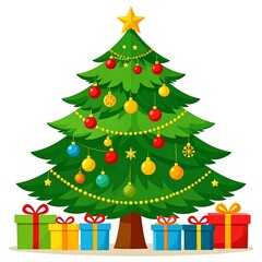 Cartoon Christmas tree, ornaments, gifts, white backdrop