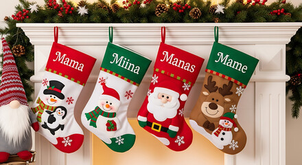 Four festive Christmas stockings hang on a fireplace mantel decorated with garland.