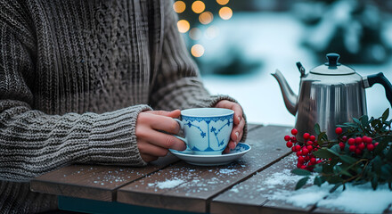 Cozy winter scene with a person holding a cup of tea next to a teapot and holly berries