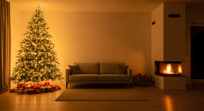 Cozy living room with a decorated christmas tree, presents, and a fireplace with a warm glow