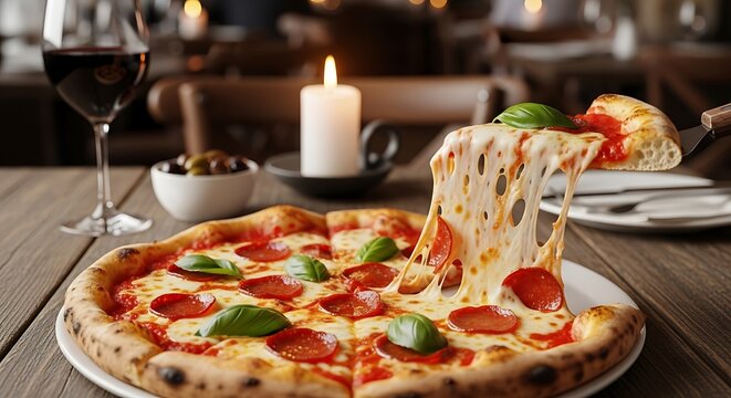 Delicious pepperoni pizza with melted cheese and a glass of red wine