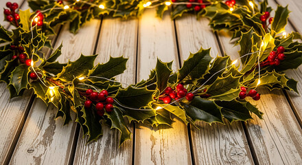 A festive holly wreath with bright fairy lights adorns a rustic wooden surface.