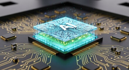 A computer chip with the letters 'AI' on it, set against a circuit board background.
