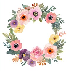 Watercolor floral wreath featuring varied blossoms & foliage in soft pastel hues, circular