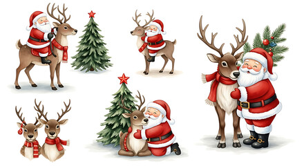 Illustrations of Santa Claus and reindeer with Christmas trees in various poses.
