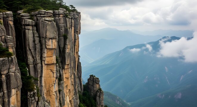 Dramatic sheer cliff face with misty mountains and cloudy sky in the background