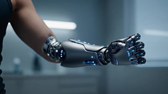 Close up of a bionic prosthetic arm with glowing blue lights demonstrating advanced robotics technology