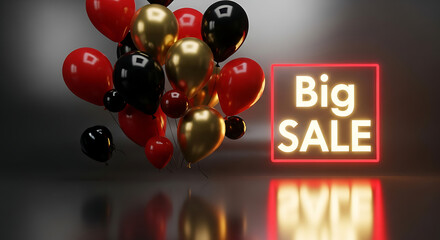 A cluster of red, black, and gold balloons floats near a neon sign that says Big Sale.