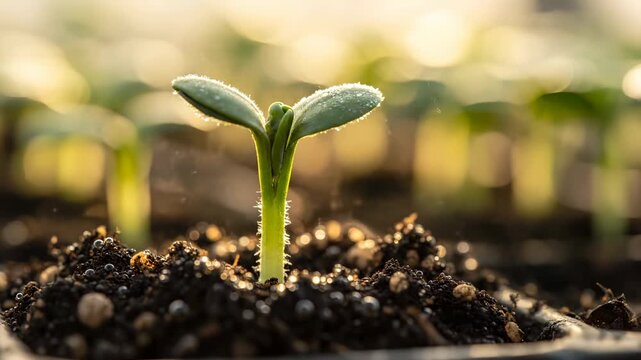seed seedling sprout emerge from soil during germination. water and dew coat plant stem and cotyledon. sunlight supports growth while root pushes downward. nutrient uptake begins. microbe aid.