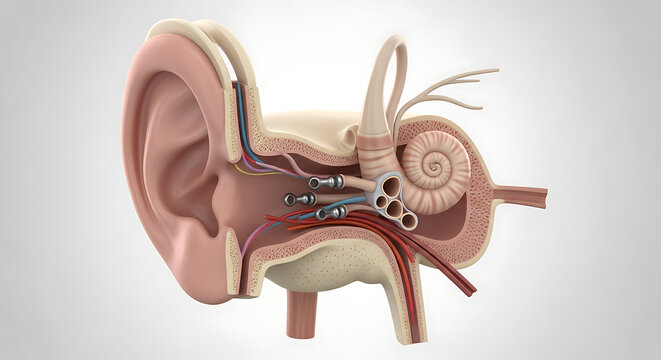 Human ear anatomy cross section with cochlea ossicles and nerves image