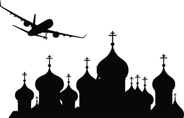 Airplane flying over cathedral silhouette vector illustration, travel and architecture concept, religious building design, aviation art, cultural tourism symbol, transportation skyline graphic