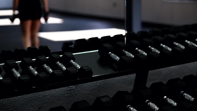 A young woman in a modern gym taking dumbbells from an organized rack before starting her workout. Stylish fitness environment with clean equipment, showcasing strength training and active lifestyle.