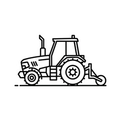 Black and white line art icon of a modern tractor with a plow attachment