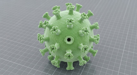 Green virus particle with spikes on gray grid background microbe coronavirus
