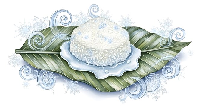 illustrated mound of sweet sticky coconut rice on a banana leaf for asian food blogs, restaurant menus, tropical cuisine recipes, and cultural festival promotions
