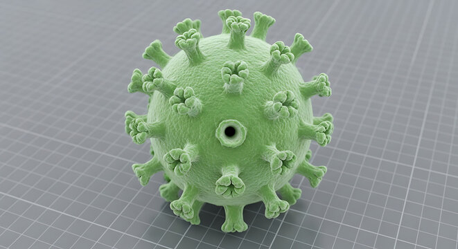 Green virus particle with spikes on gray grid background microbe coronavirus