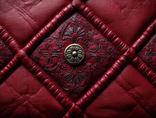 Obraz premium Intricate red leather pattern with embossed design on diamond-shaped sections. Centerpiece features ornate floral metallic button. Luxurious texture and detailed craftsmanship displayed