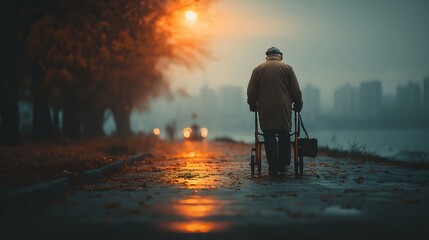 Elderly man walking with rollator in autumn evening