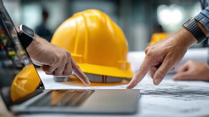 Collaboration in construction: Two pairs of hands, one donning a wristwatch and the other a protective helmet, converge over blueprints and a laptop, symbolizing teamwork, planning.