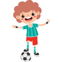 Cheerful young boy with curly brown hair wearing a blue striped shirt and red shorts stands with a soccer ball at his feet in a joyful pose with a transparent background