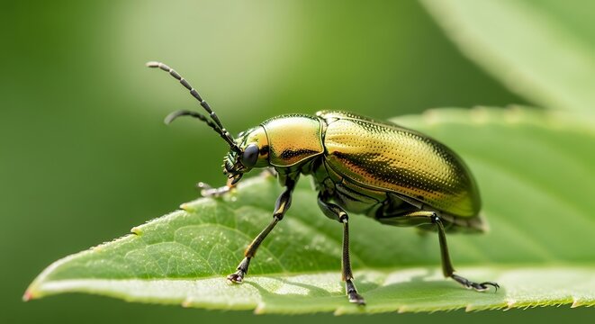 Close up of a small golden beetle with black stripes on a green leaf