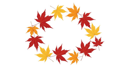 Isolated wreath of fall maple leaves, foliage in red, orange and yellow, Autumn decoration