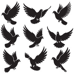 Obraz premium Dove silhouette black flying bird isolated on white background. style vector illustration.