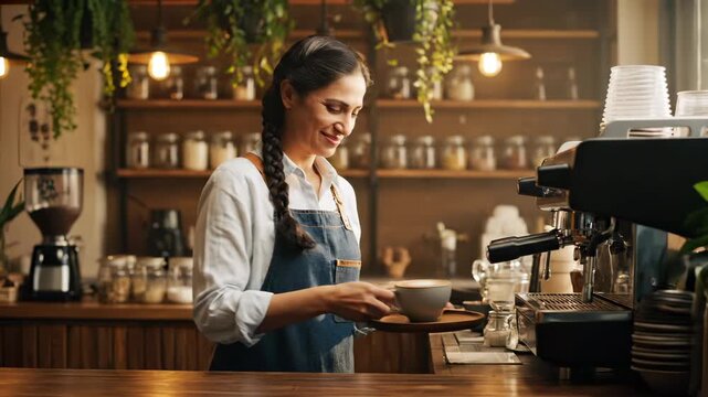 barista prepares coffee in cafe. espresso pours into cup. latte topped with foam. apron cloth wipes counter near machine. cup rests on saucer beside espresso and coffee tools. steam wand rests.