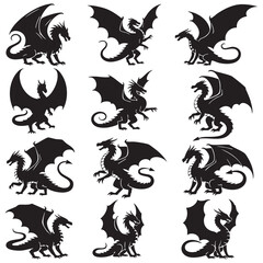 Dragon Silhouette Vector Design, Fantasy Beast Icon, Black Silhouette Illustration