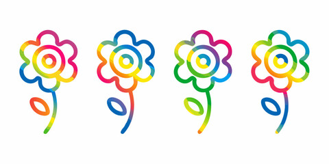 Four colorful abstract flowers with rainbow gradient outlines and a white background