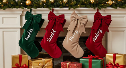 Four personalized Christmas stockings hang on a mantlepiece above gifts.