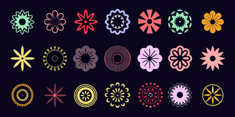 Collection of diverse geometric floral shapes in various pastel and bright colors on dark background