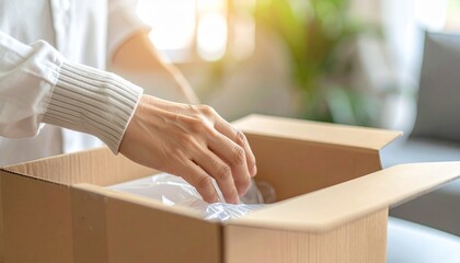 Hands carefully unpacking a cardboard box filled with new items, symbolizing receiving purchases and exciting deliveries.