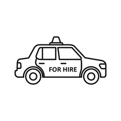 Line art illustration of a taxi cab with for hire text
