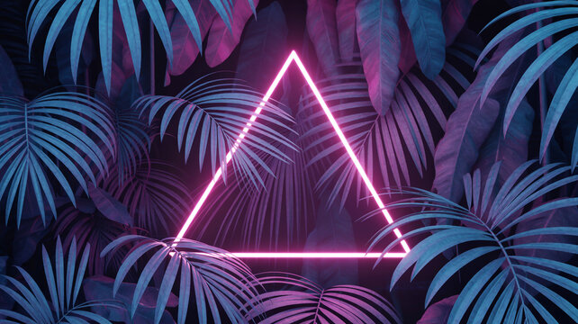 Neon Triangle Frame Amidst Lush Tropical Foliage A Vibrant and Eye-Catching Background
